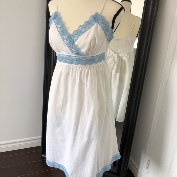 White summer dress with blue lace- medium - Picture 2 of 3